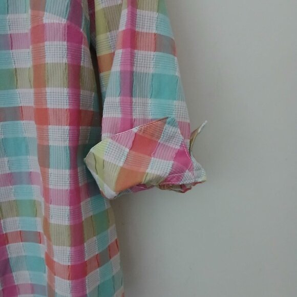 Pastels Mix Textured Plaid Cotton Blend Button Down 3/4 Sleeve Blouse Sz 14P - Picture 5 of 7